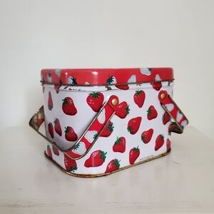 80s 90s Vintage Strawberry Print Tin With Handles